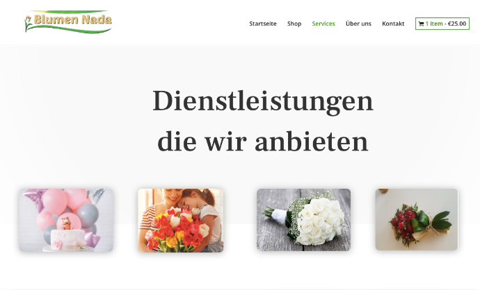 A screenshot of Blumen Nada's services page