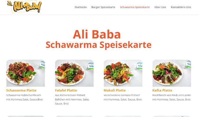 Ein Screenshot von Ali Baba's Shawarma Menü