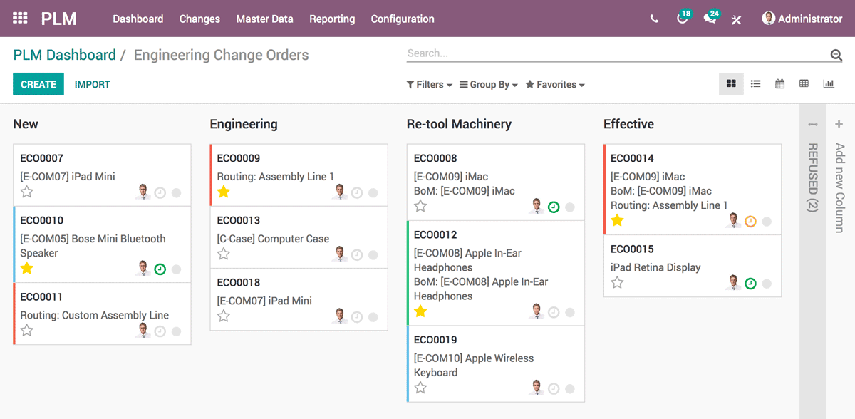 Odoo's Product Lifecycle Management (PLM) app interface