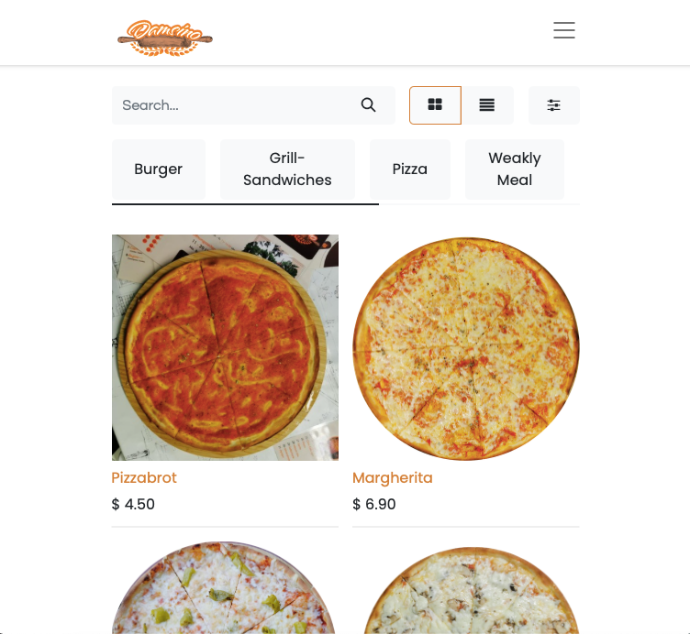 A screenshot of Damsino's pizza menu on their website